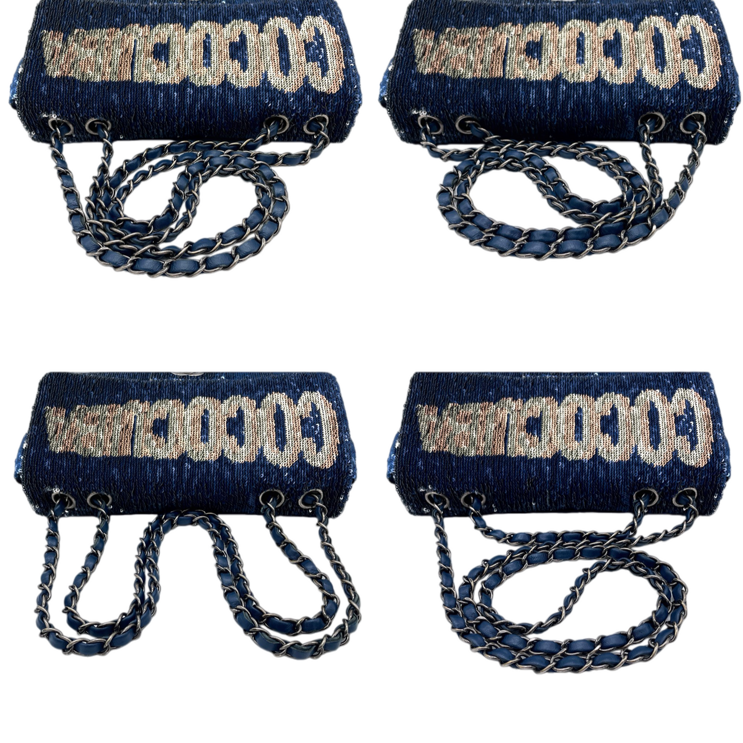 RARE★★★★★CHANEL 2016 Cruise 2016/17 COCOCUBA Sequin Double Chain Single Flap Shoulder Bag Medium Navy & Silver