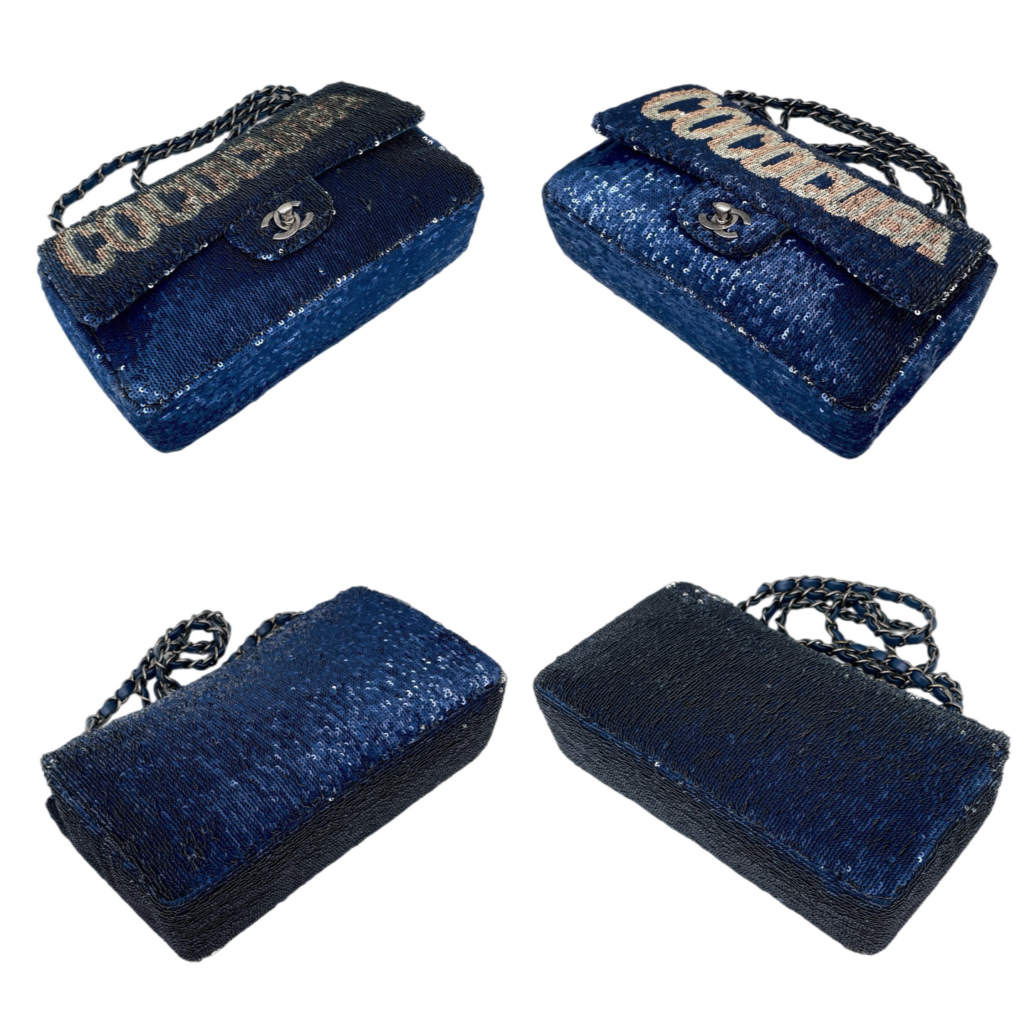 RARE★★★★★CHANEL 2016 Cruise 2016/17 COCOCUBA Sequin Double Chain Single Flap Shoulder Bag Medium Navy & Silver