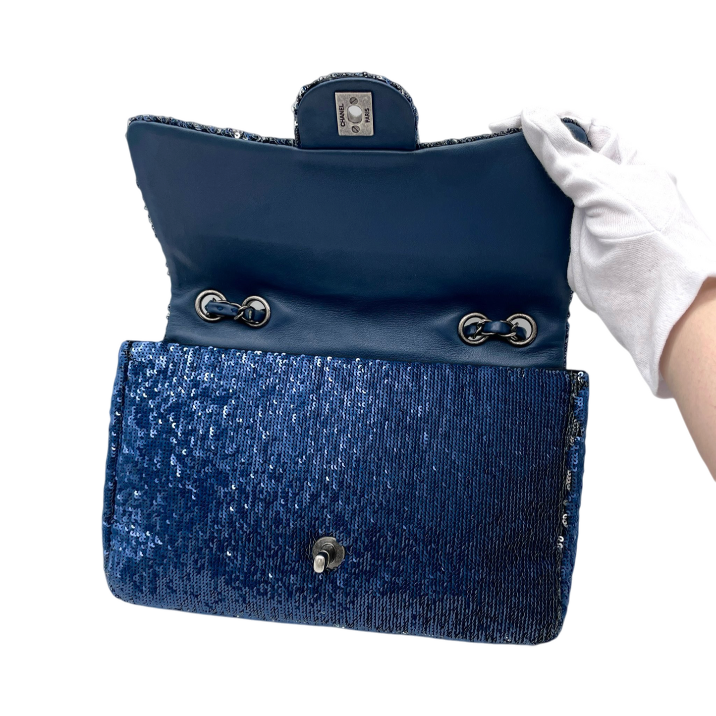 RARE★★★★★CHANEL 2016 Cruise 2016/17 COCOCUBA Sequin Double Chain Single Flap Shoulder Bag Medium Navy & Silver