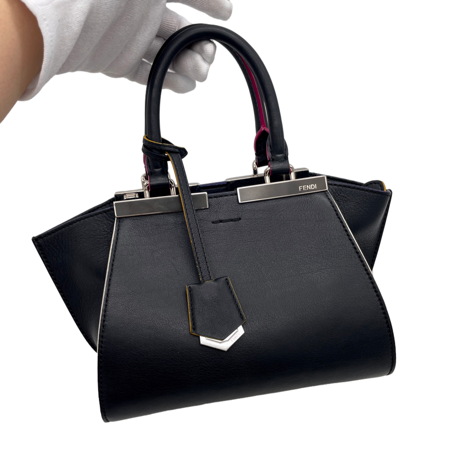 FENDI Petit 3 Jours Leather 2Way Tote Hand Bag Black &amp; Silver