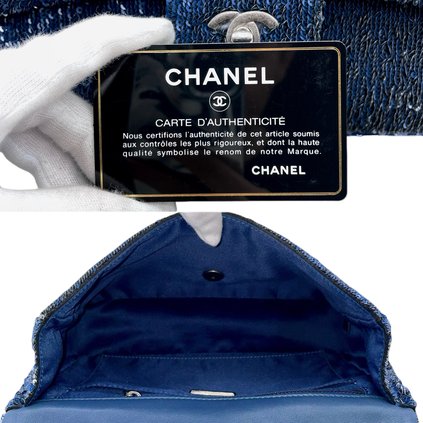 RARE★★★★★CHANEL 2016 Cruise 2016/17 COCOCUBA Sequin Double Chain Single Flap Shoulder Bag Medium Navy & Silver