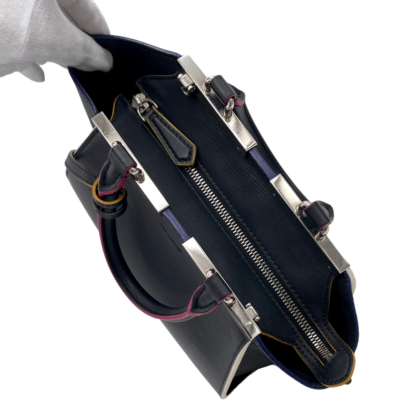 FENDI Petit 3 Jours Leather 2Way Tote Hand Bag Black &amp; Silver