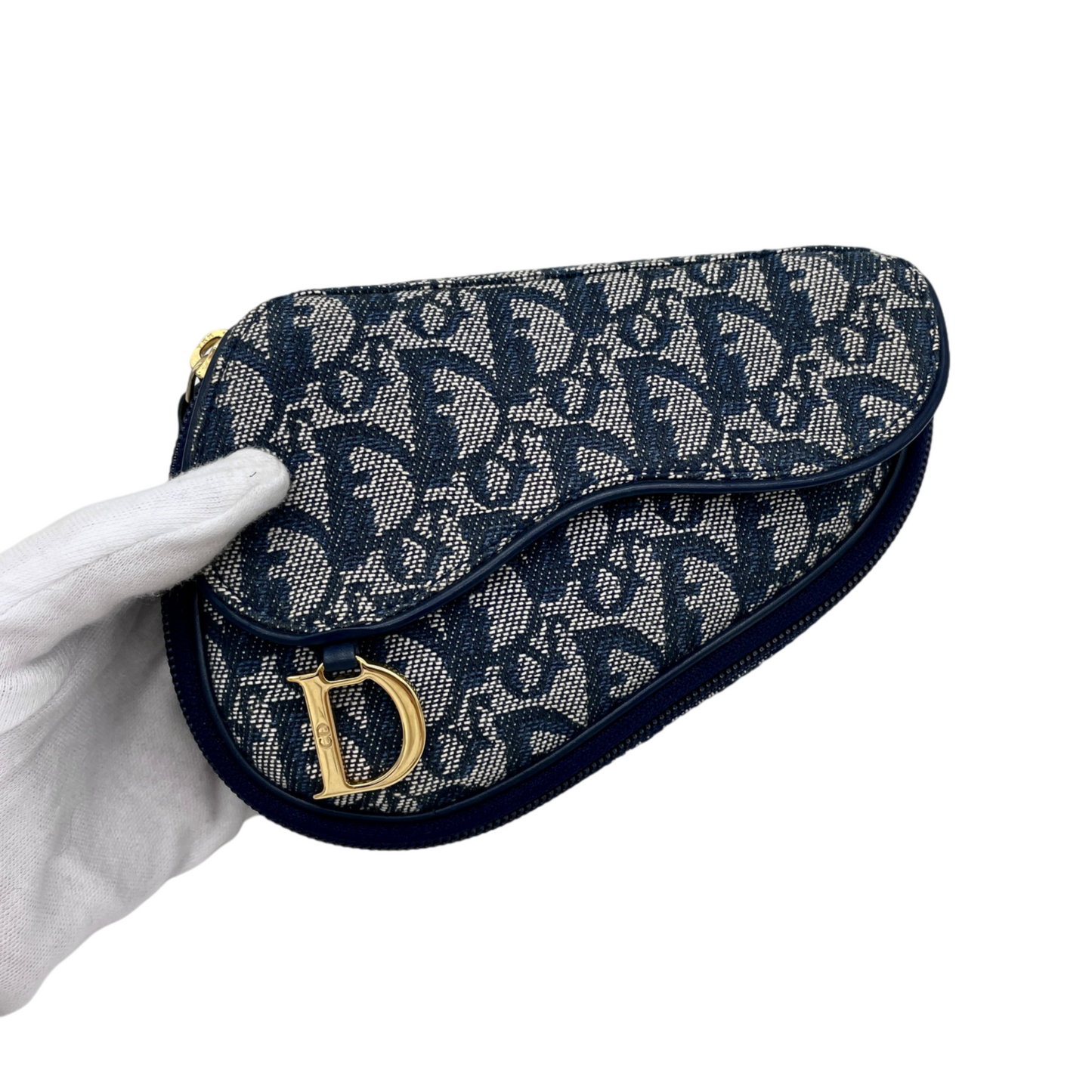 CHRISTIAN DIOR 2000 Trotter Canvas D Logo Pendant Mini Saddle Pouch Navy & Gold