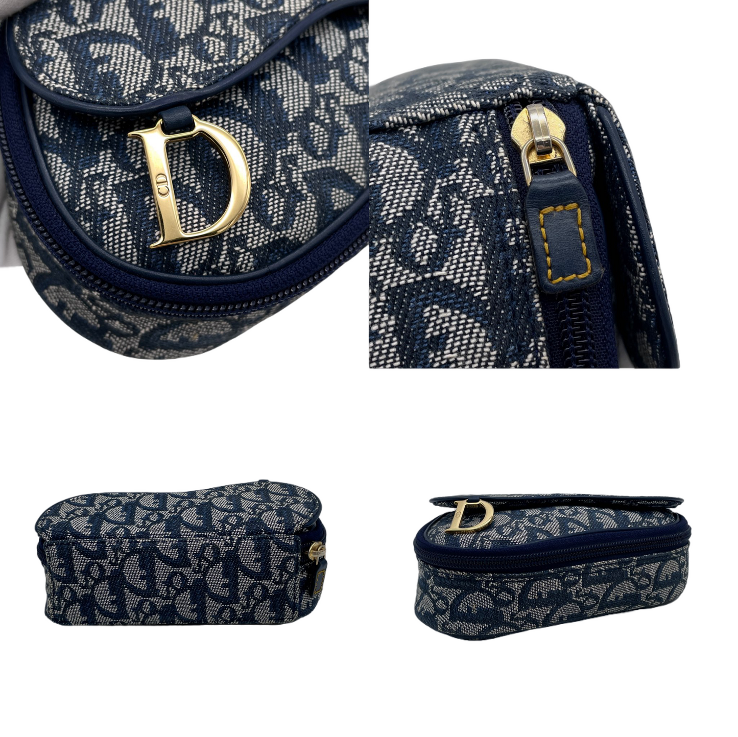 CHRISTIAN DIOR 2000 Trotter Canvas D Logo Pendant Mini Saddle Pouch Navy & Gold