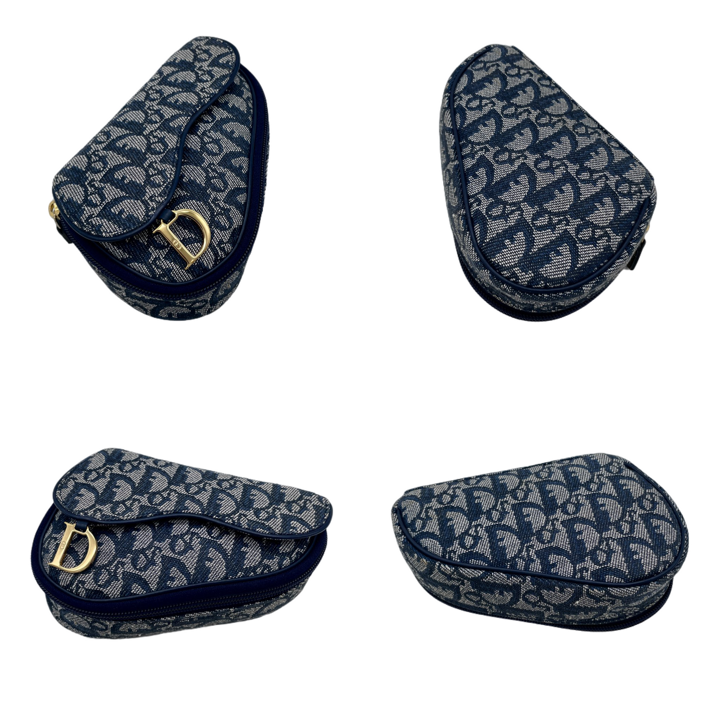 CHRISTIAN DIOR 2000 Trotter Canvas D Logo Pendant Mini Saddle Pouch Navy & Gold
