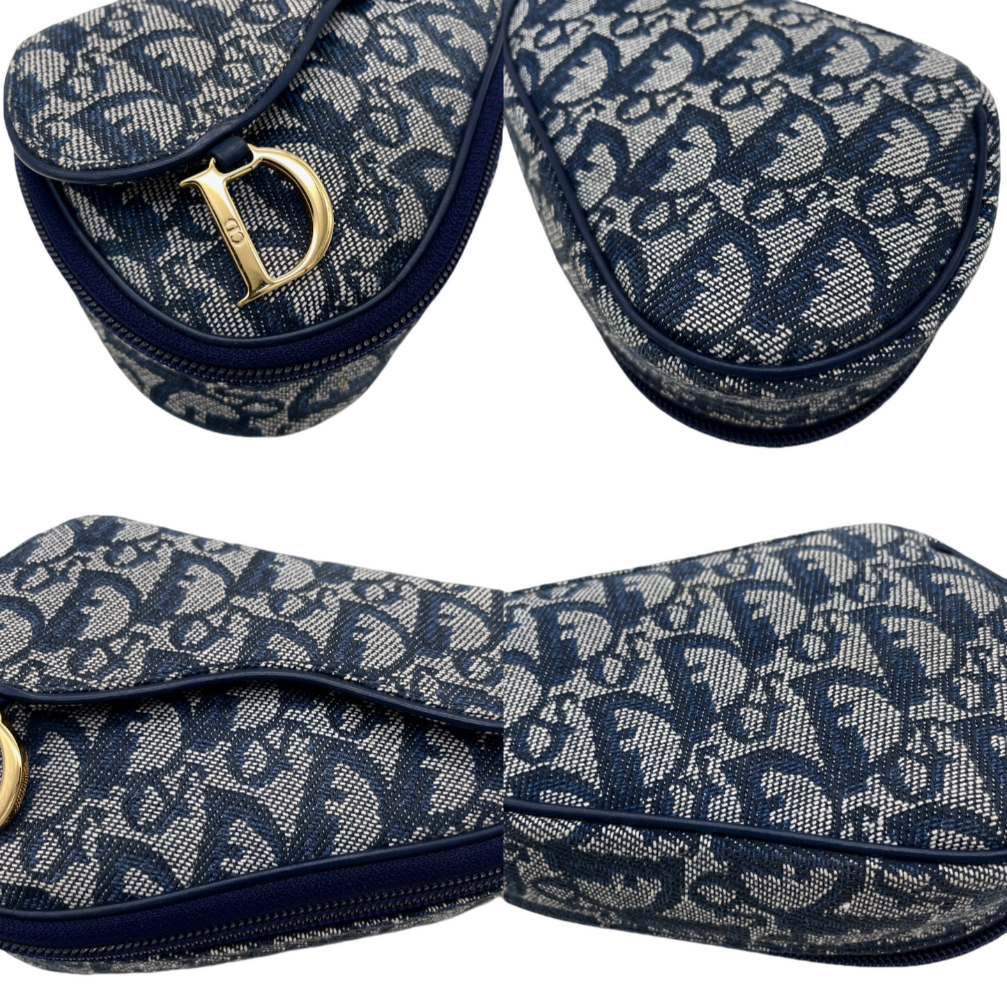 CHRISTIAN DIOR 2000 Trotter Canvas D Logo Pendant Mini Saddle Pouch Navy & Gold