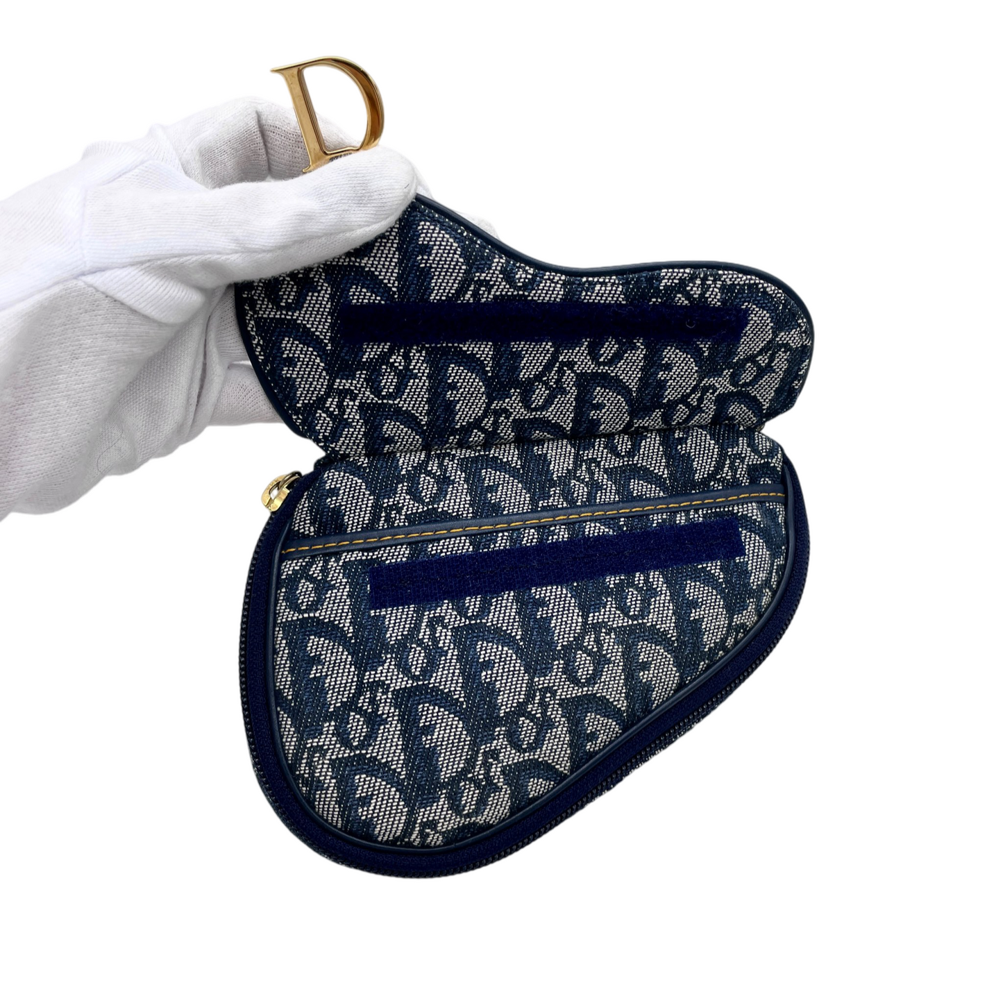 CHRISTIAN DIOR 2000 Trotter Canvas D Logo Pendant Mini Saddle Pouch Navy & Gold