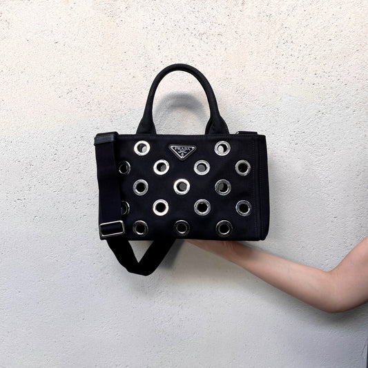 RARE☆☆☆PRADA Triangle Logo Plate Canapa Punching 2-Way Tote Bag Black &amp; Silver