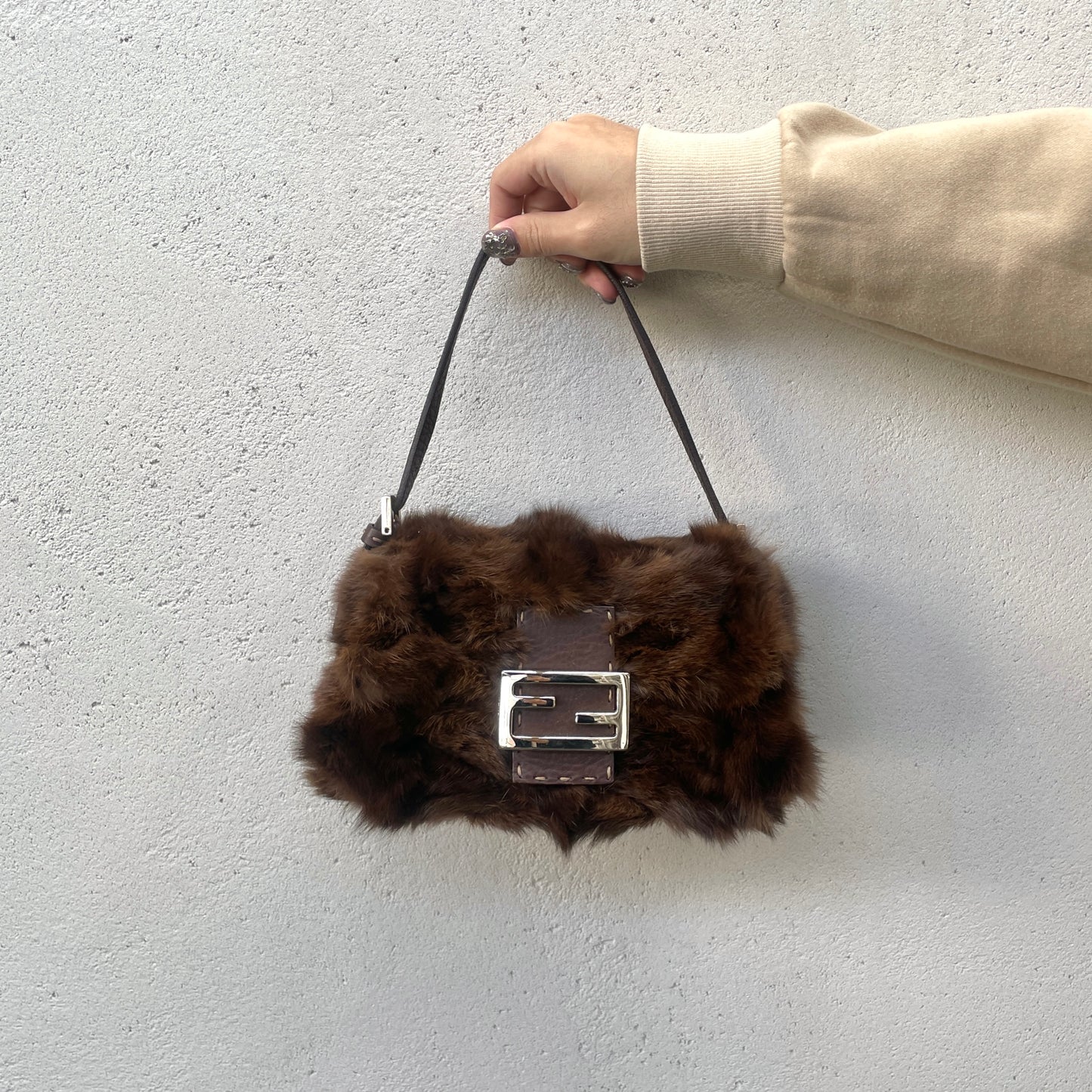 RARE☆☆☆☆☆FENDI Selleria Mink Fur Mini Mamma Baguette Shoulder Bag Brown & Silver