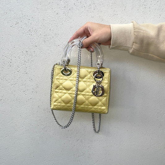 RARE☆☆☆☆CHRISTIAN DIOR Lady-Dior Cannage Satin Mini Hand Bag Yellow & Silver