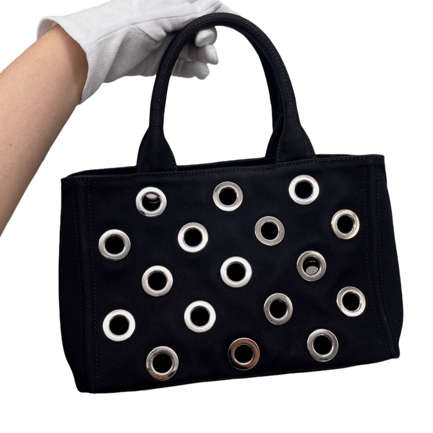 RARE☆☆☆PRADA Triangle Logo Plate Canapa Punching 2-Way Tote Bag Black &amp; Silver