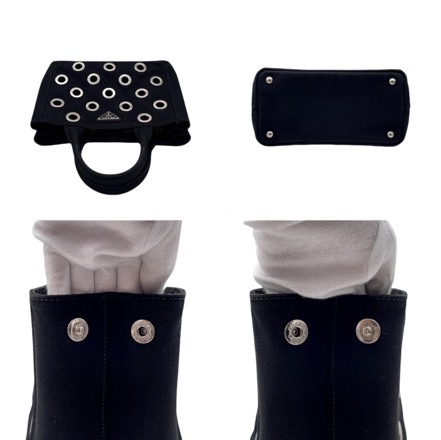 RARE☆☆☆PRADA Triangle Logo Plate Canapa Punching 2-Way Tote Bag Black &amp; Silver