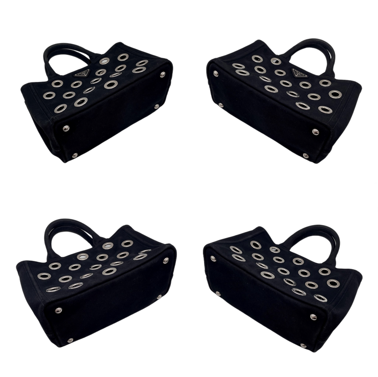 RARE☆☆☆PRADA Triangle Logo Plate Canapa Punching 2-Way Tote Bag Black &amp; Silver