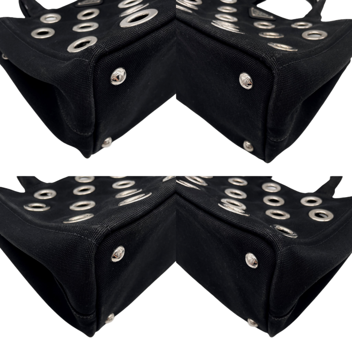 RARE☆☆☆PRADA Triangle Logo Plate Canapa Punching 2-Way Tote Bag Black &amp; Silver