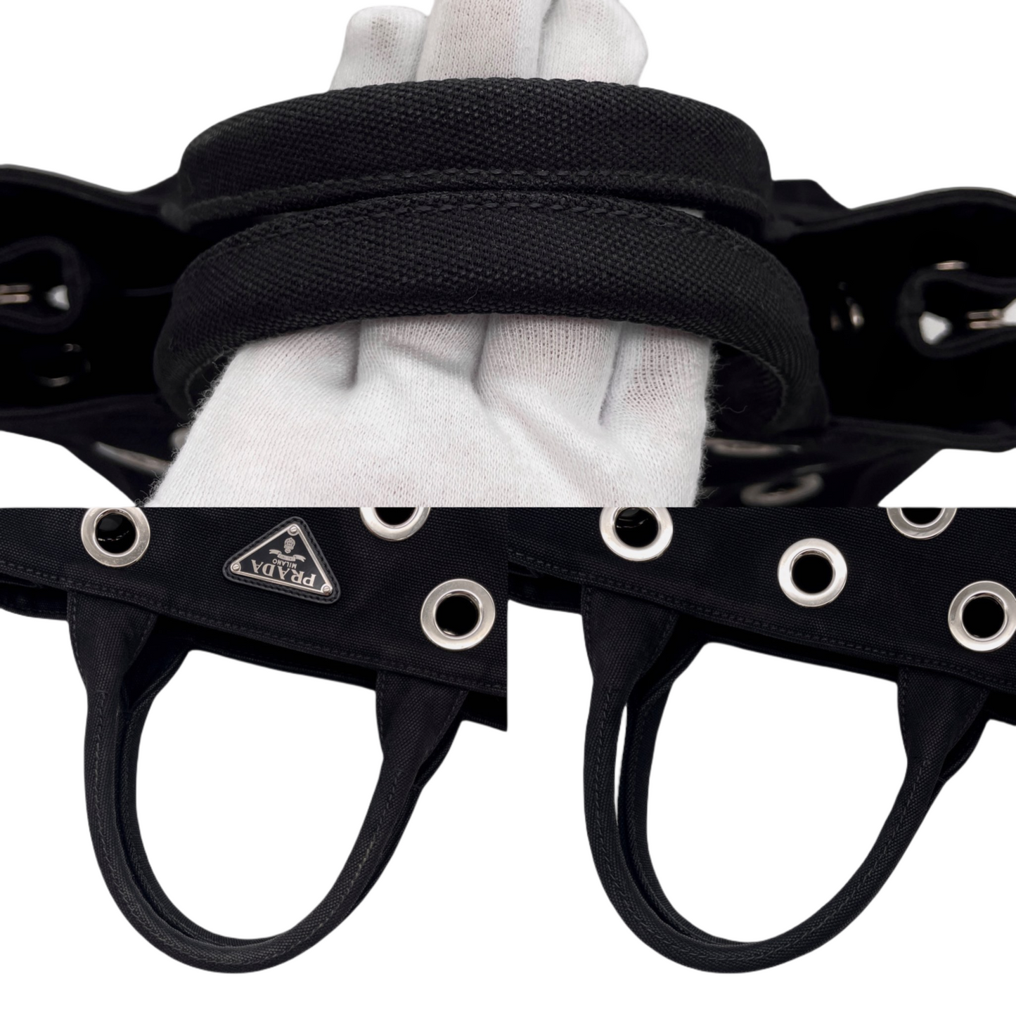 RARE☆☆☆PRADA Triangle Logo Plate Canapa Punching 2-Way Tote Bag Black &amp; Silver