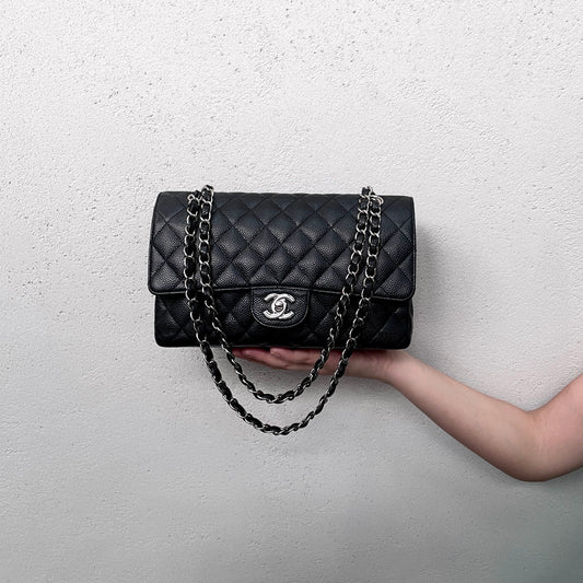 RARE☆☆☆CHANEL 2009 Matelassé Caviar Skin Leather Classic Double Chain Double Flap Bag 25cm Black & Silver #
