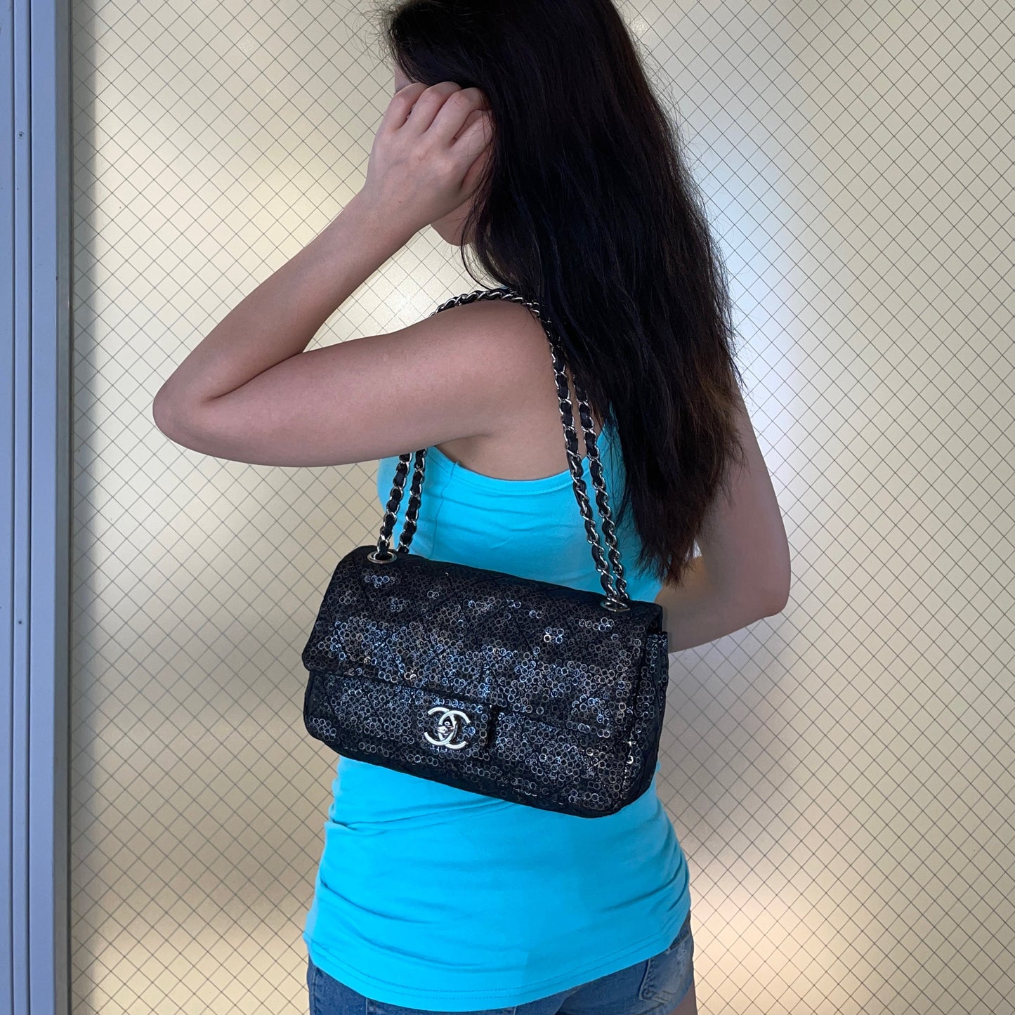 RARE☆☆☆☆CHANEL 2008 Matelassé Mesh Sequins Double Chain Shoulder Single Flap Bag Black &amp; Silver