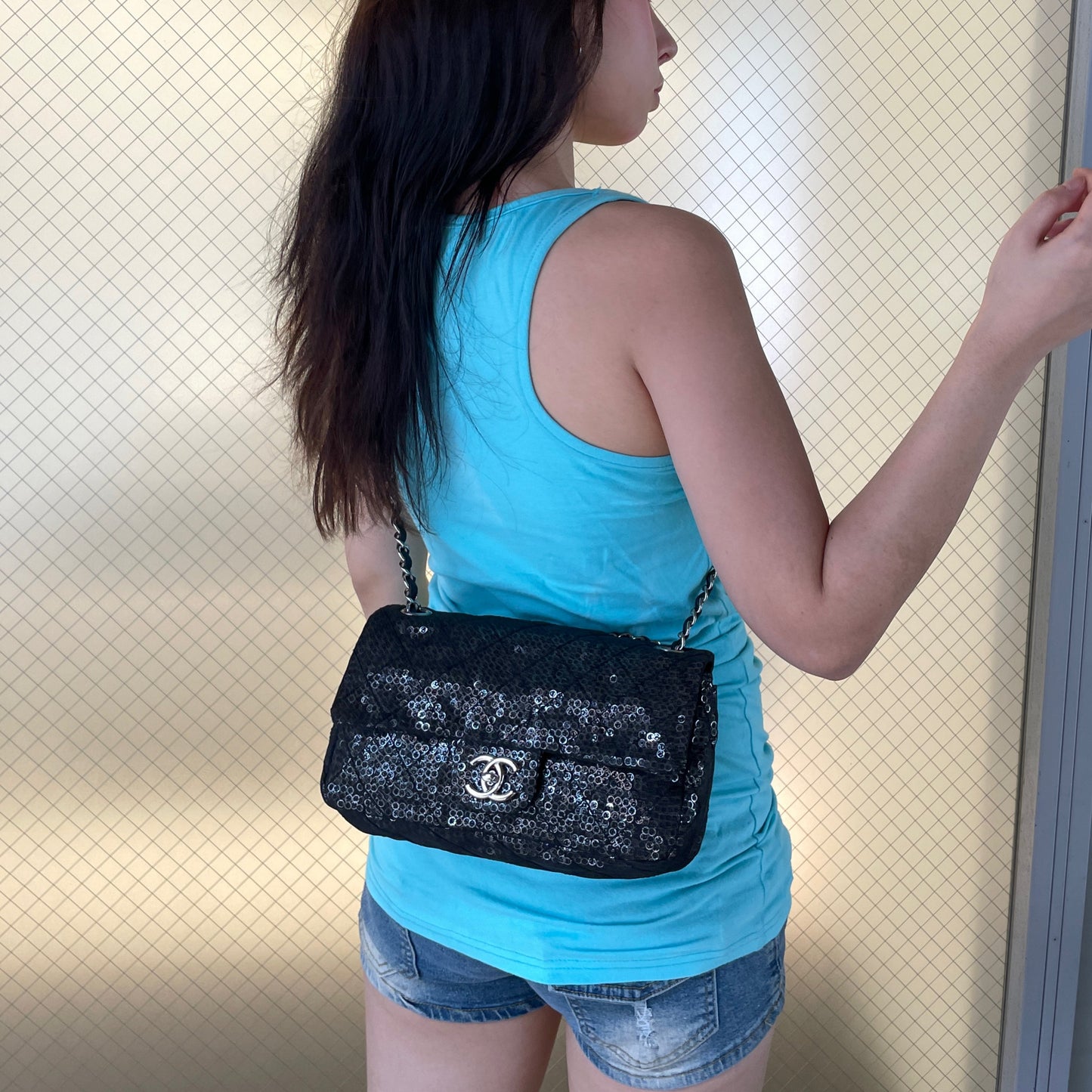 RARE☆☆☆☆CHANEL 2008 Matelassé Mesh Sequins Double Chain Shoulder Single Flap Bag Black &amp; Silver