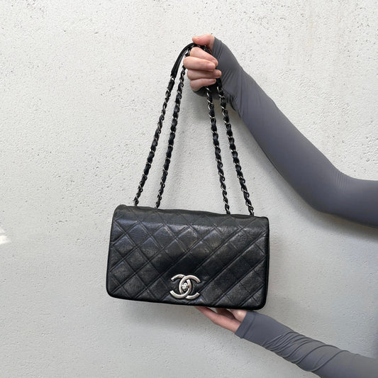 CHANEL 2012 Matelassé Iridescent Calfskin Double Chains Full Flap Shoulder Bag Black & Silver