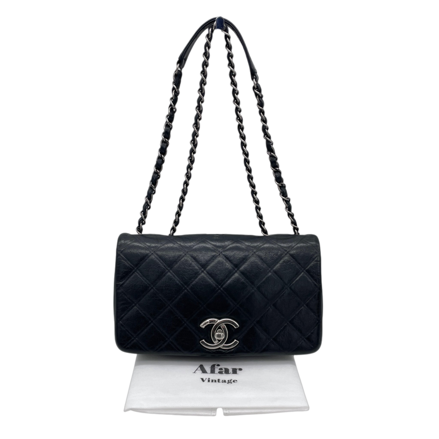 CHANEL 2012 Matelassé Iridescent Calfskin Double Chains Full Flap Shoulder Bag Black & Silver