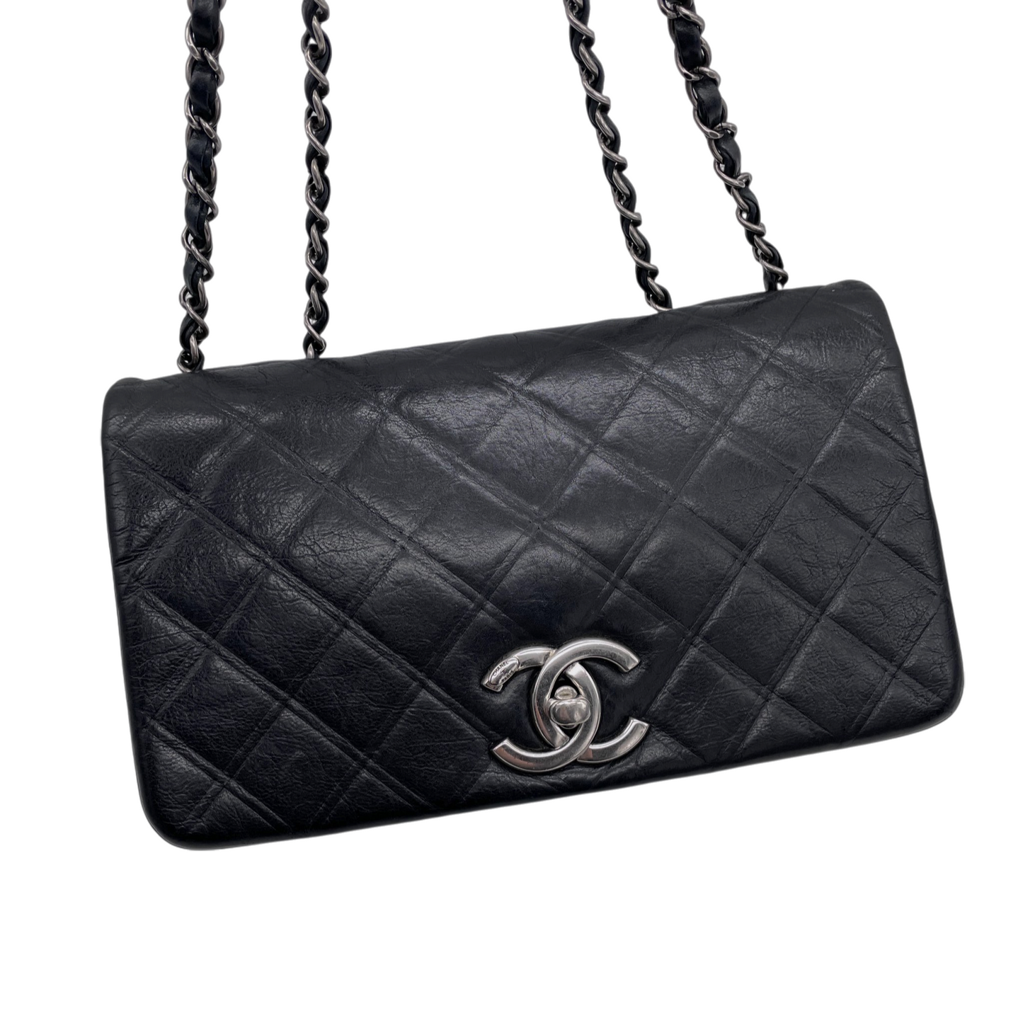 CHANEL 2012 Matelassé Iridescent Calfskin Double Chains Full Flap Shoulder Bag Black & Silver