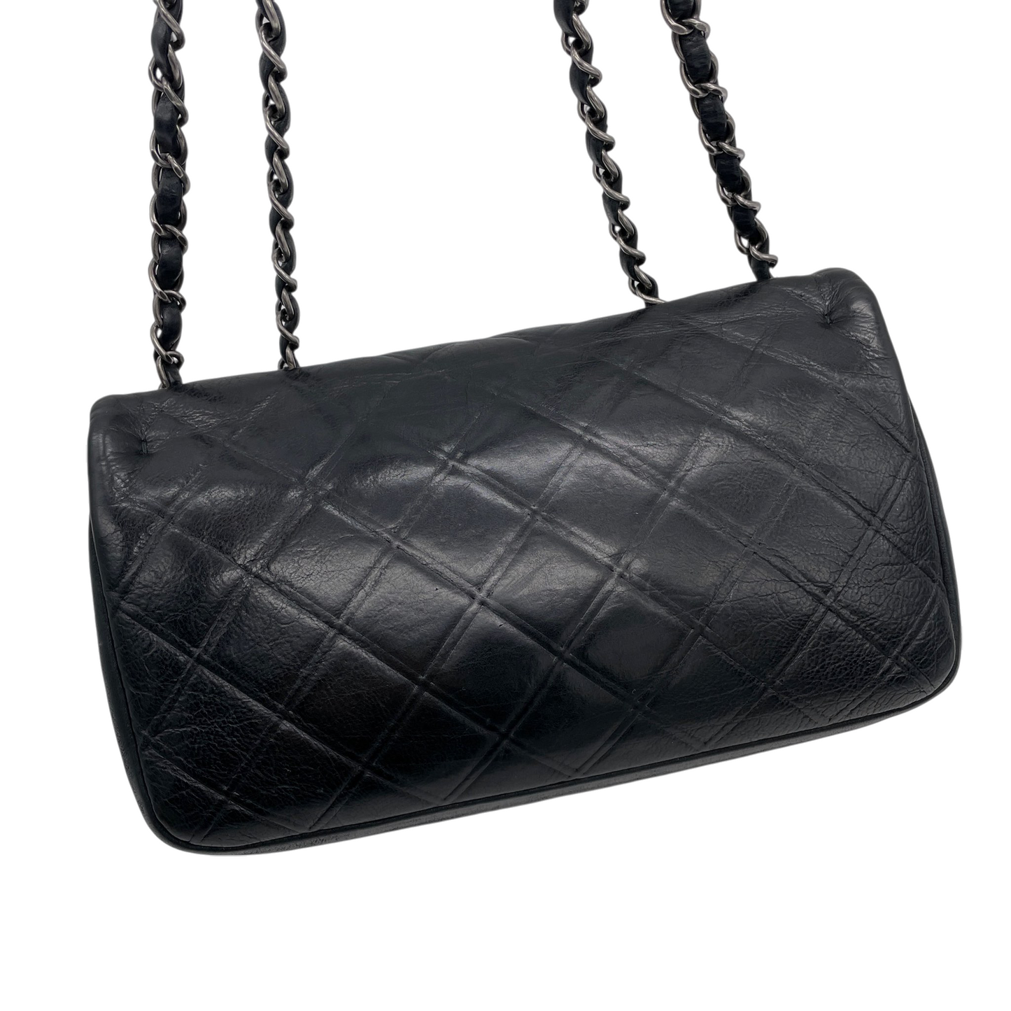CHANEL 2012 Matelassé Iridescent Calfskin Double Chains Full Flap Shoulder Bag Black & Silver