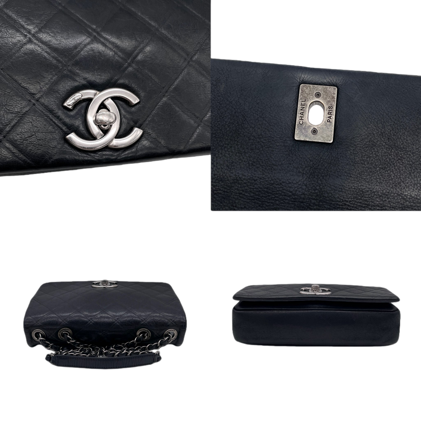 CHANEL 2012 Matelassé Iridescent Calfskin Double Chains Full Flap Shoulder Bag Black & Silver