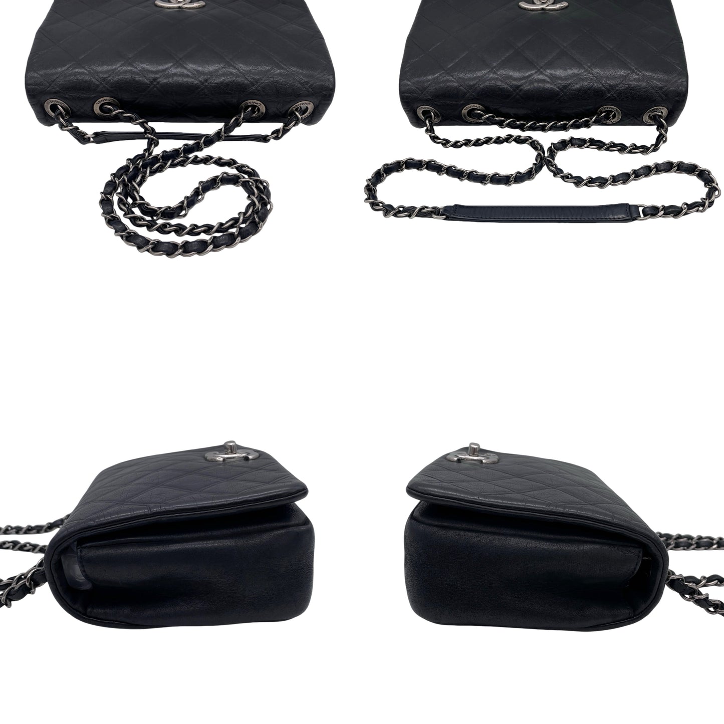 CHANEL 2012 Matelassé Iridescent Calfskin Double Chains Full Flap Shoulder Bag Black & Silver