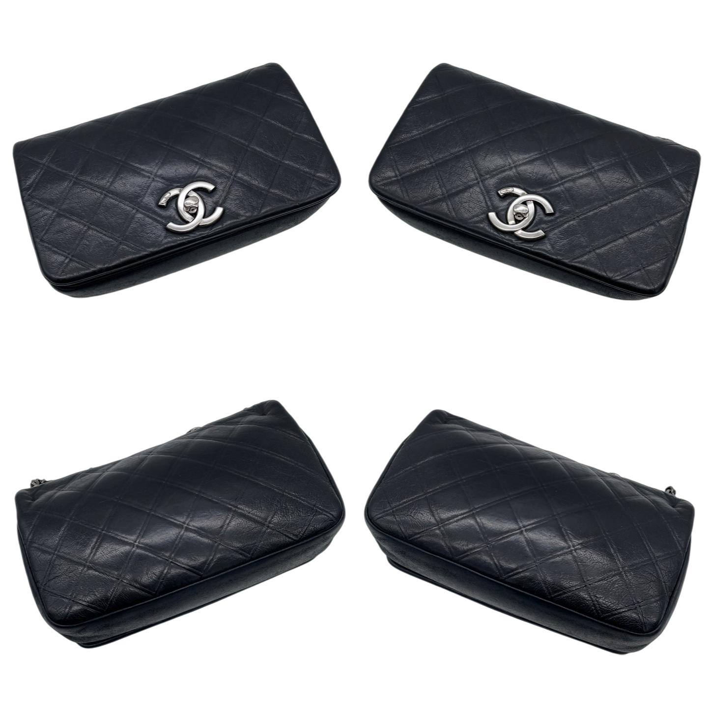 CHANEL 2012 Matelassé Iridescent Calfskin Double Chains Full Flap Shoulder Bag Black & Silver