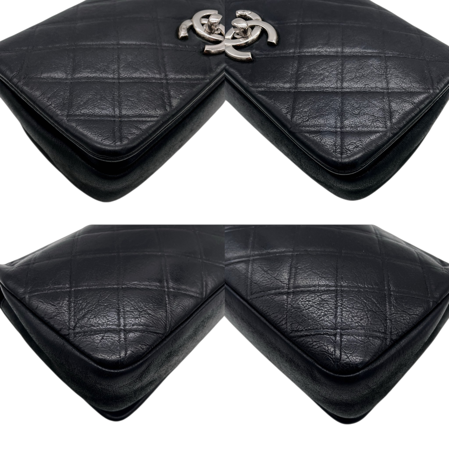 CHANEL 2012 Matelassé Iridescent Calfskin Double Chains Full Flap Shoulder Bag Black & Silver