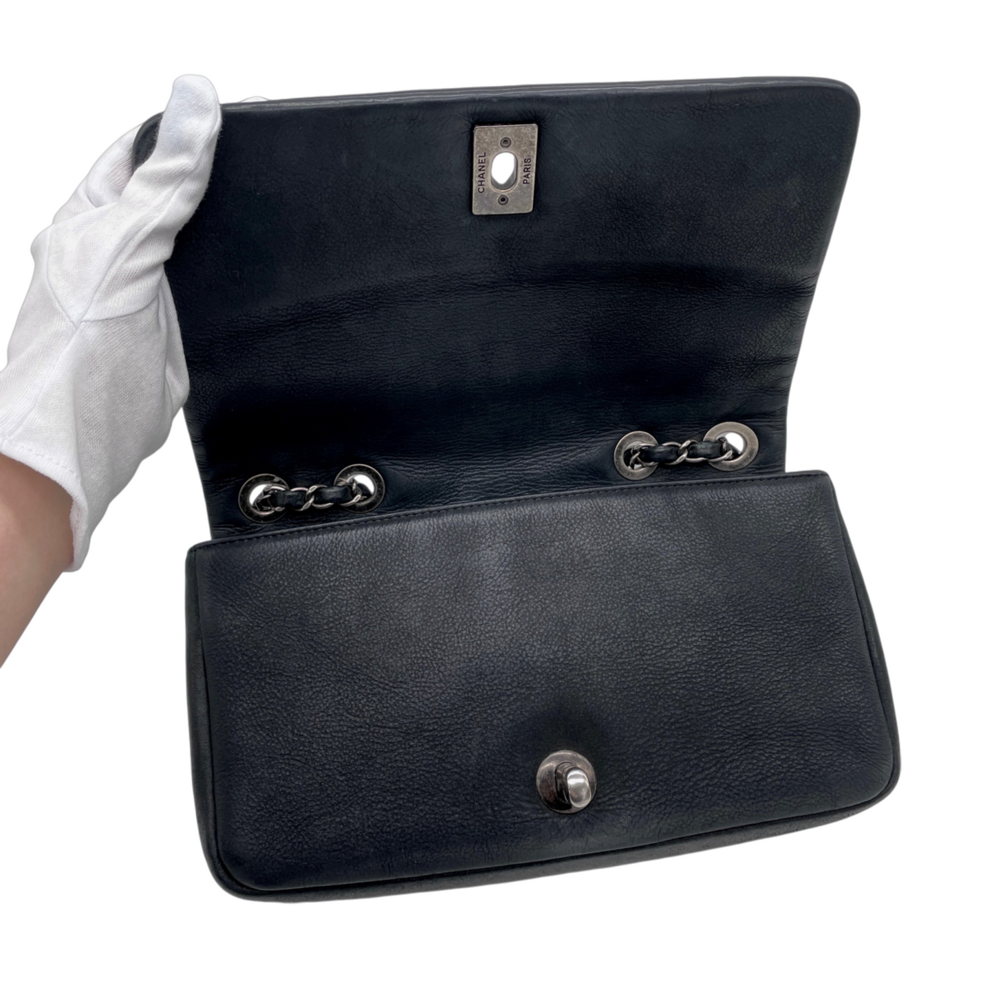 CHANEL 2012 Matelassé Iridescent Calfskin Double Chains Full Flap Shoulder Bag Black & Silver