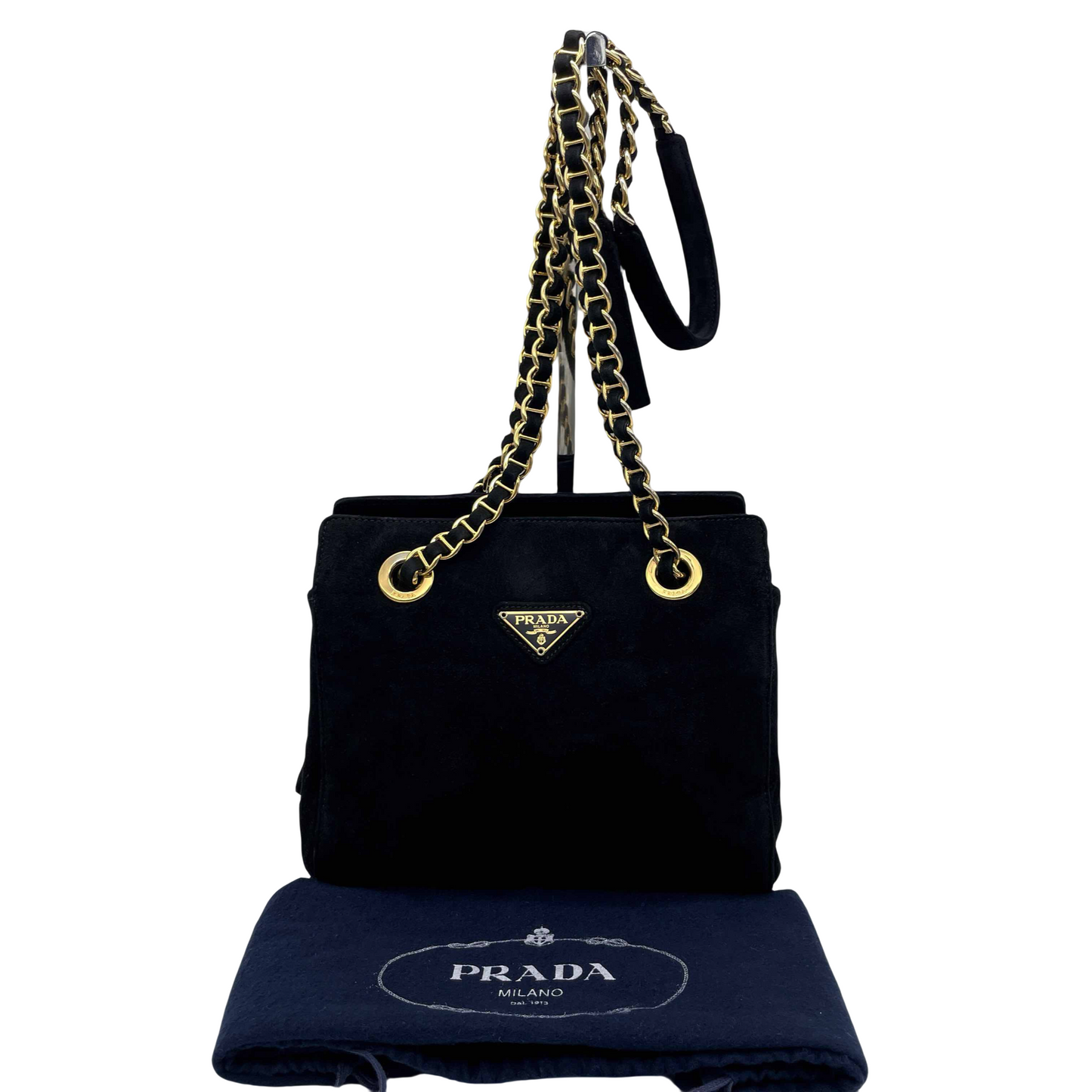 PRADA Triangle Logo Chain Shoulder Tote Bag in Black Suede GHW