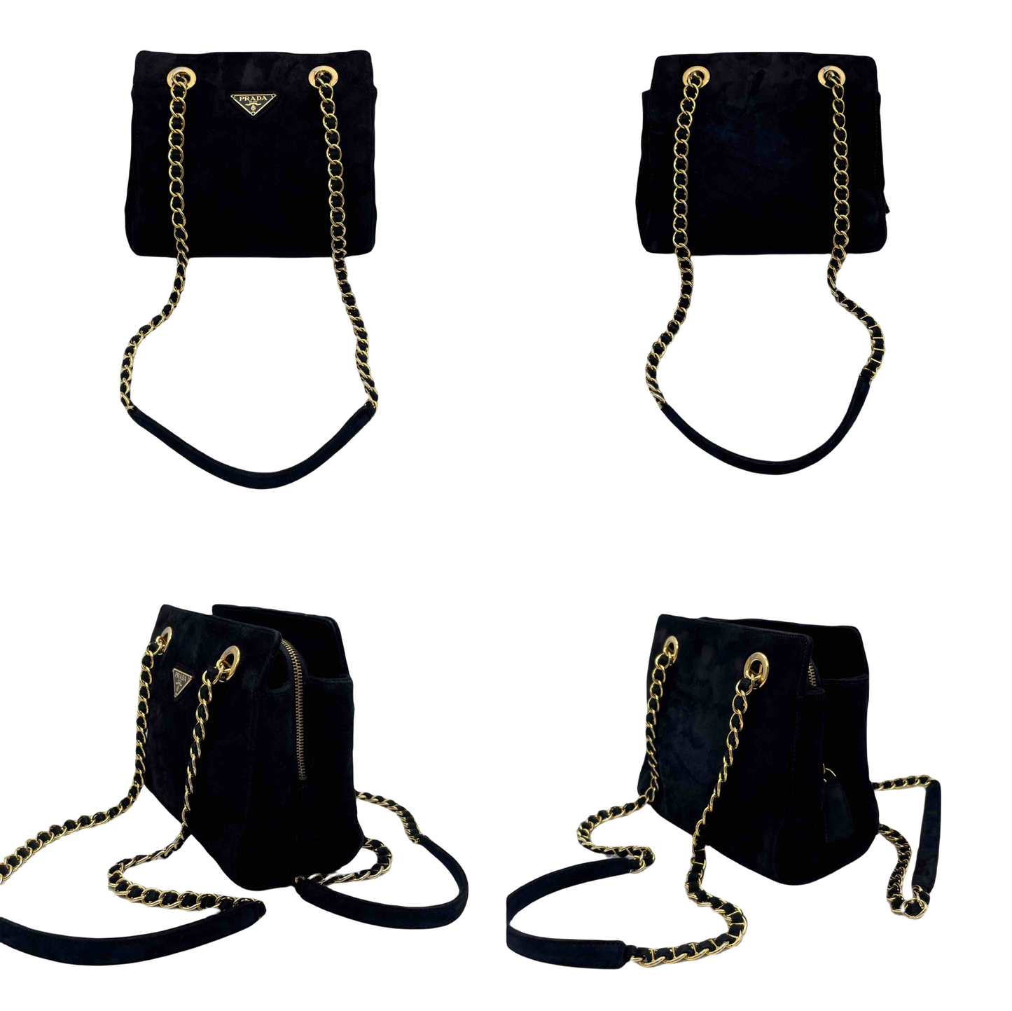 PRADA Triangle Logo Chain Shoulder Tote Bag in Black Suede GHW