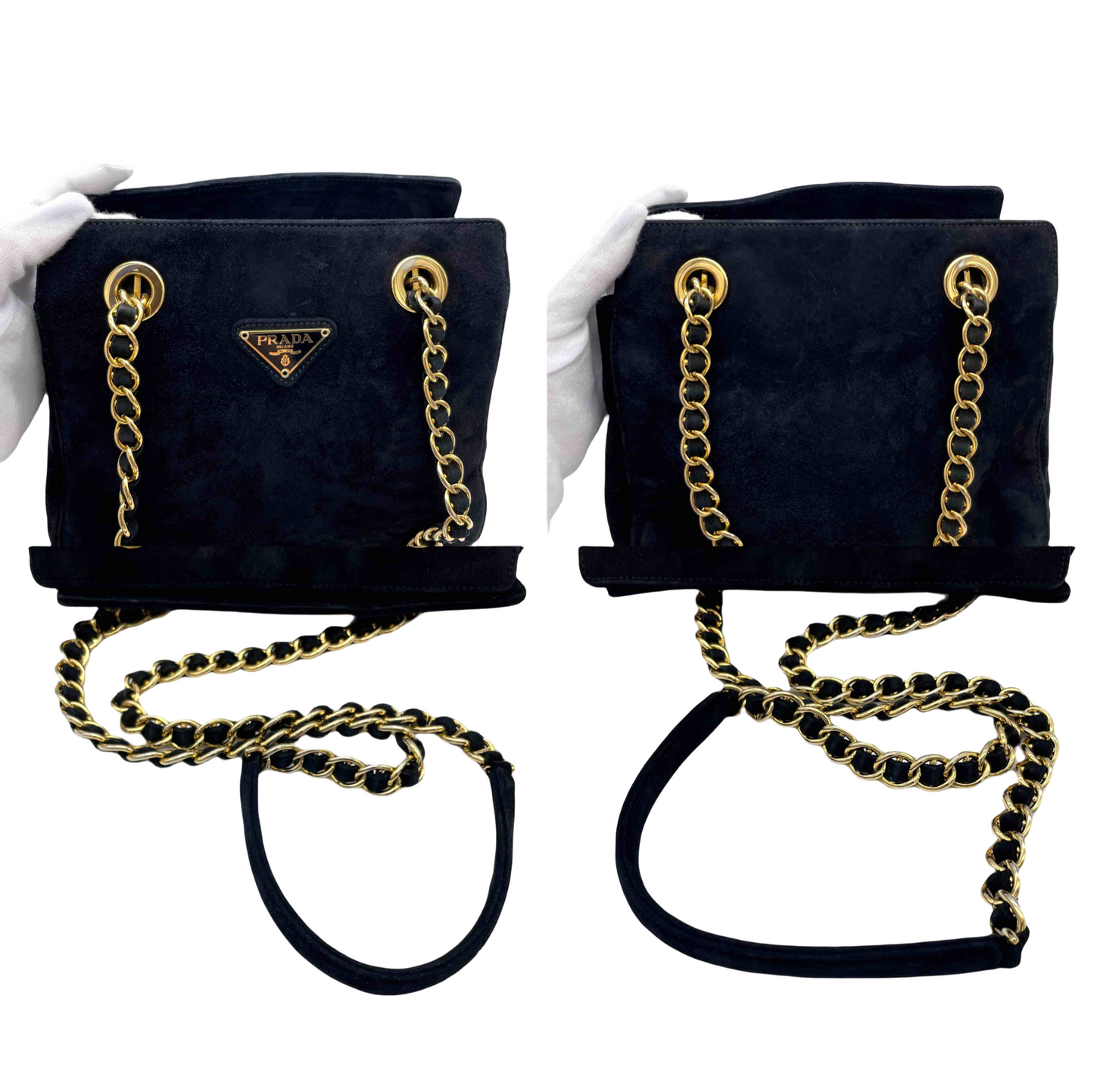 PRADA Triangle Logo Chain Shoulder Tote Bag in Black Suede GHW