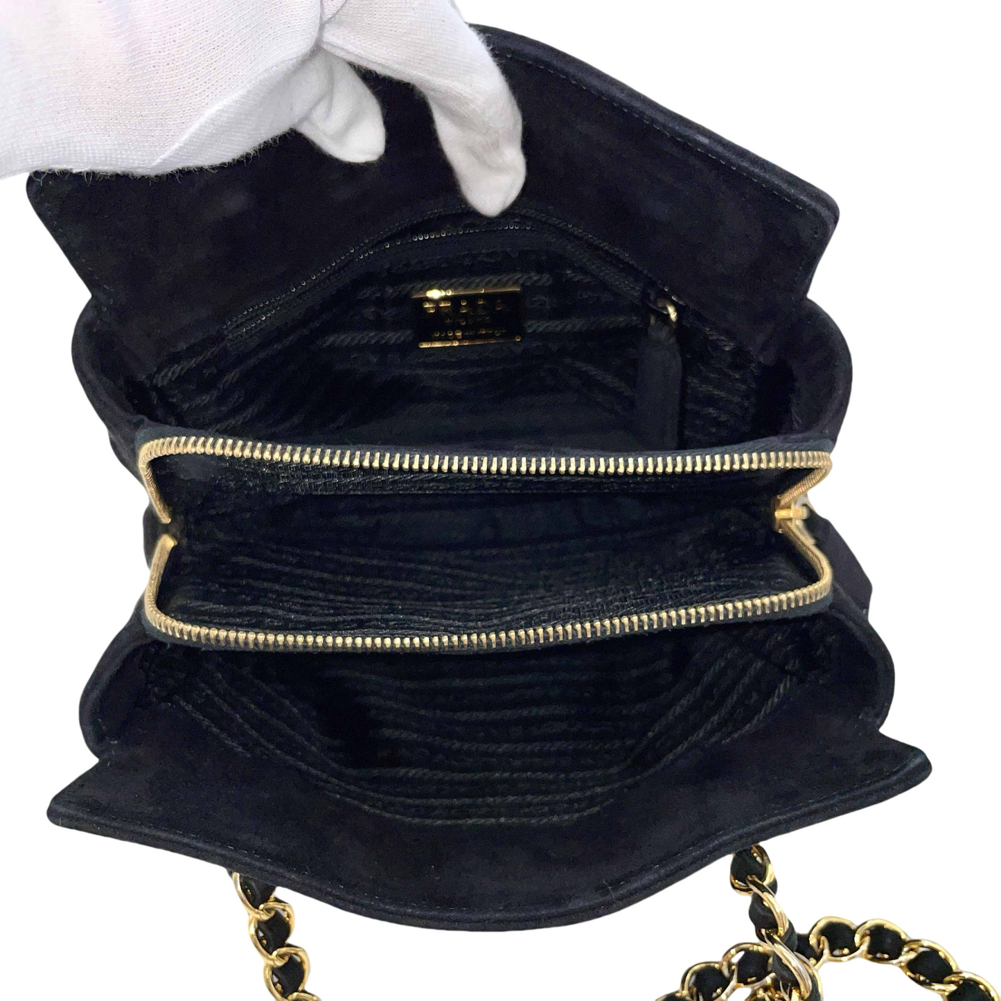 PRADA Triangle Logo Chain Shoulder Tote Bag in Black Suede GHW