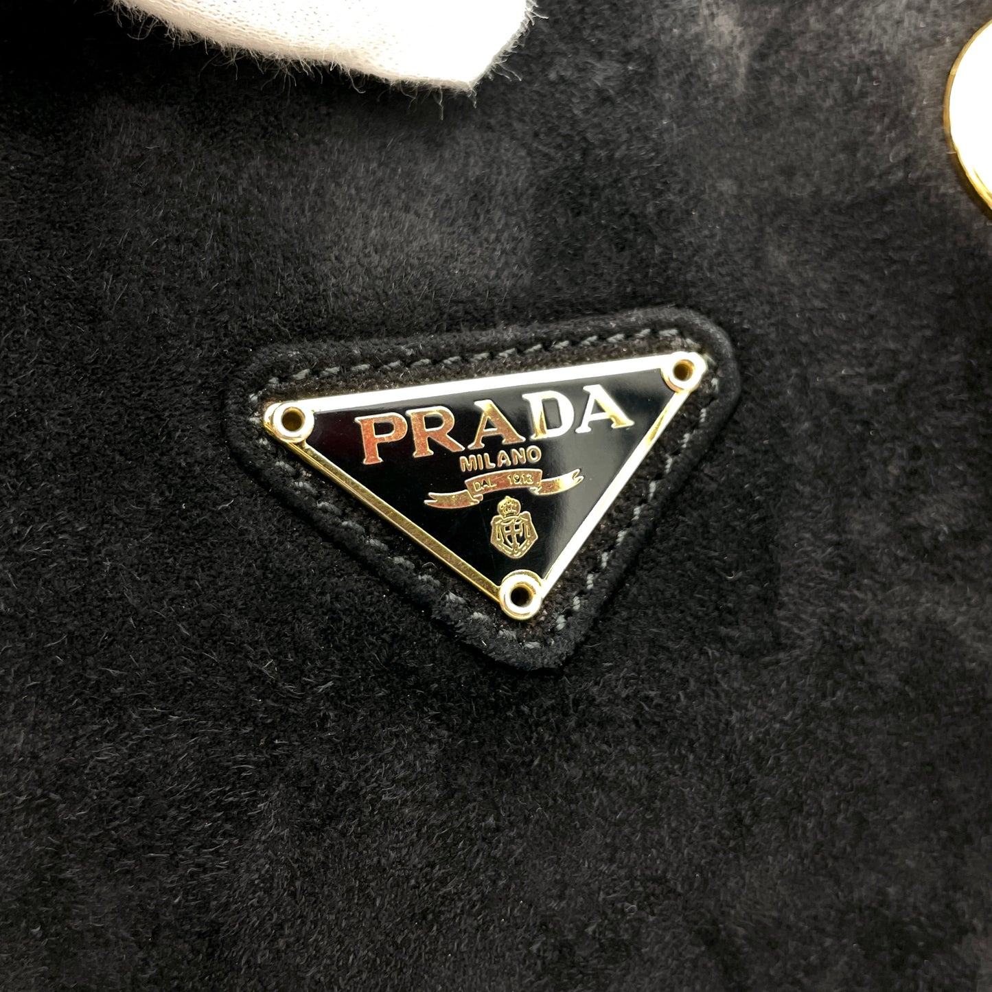 PRADA Triangle Logo Chain Shoulder Tote Bag in Black Suede GHW