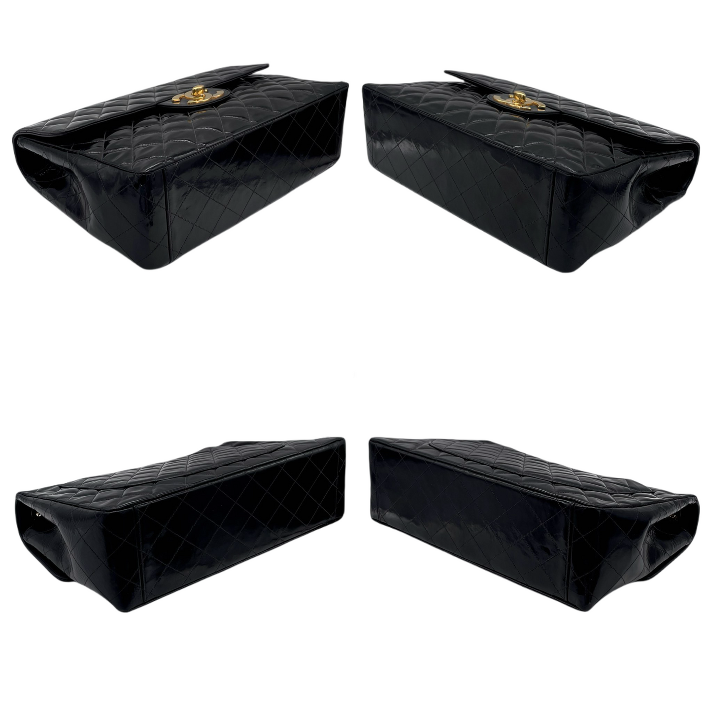 RARE☆☆☆CHANEL Enamel Matelassé Jumbo CC LOGO Double Chain Shoulder Single Flap Bag Black & Gold