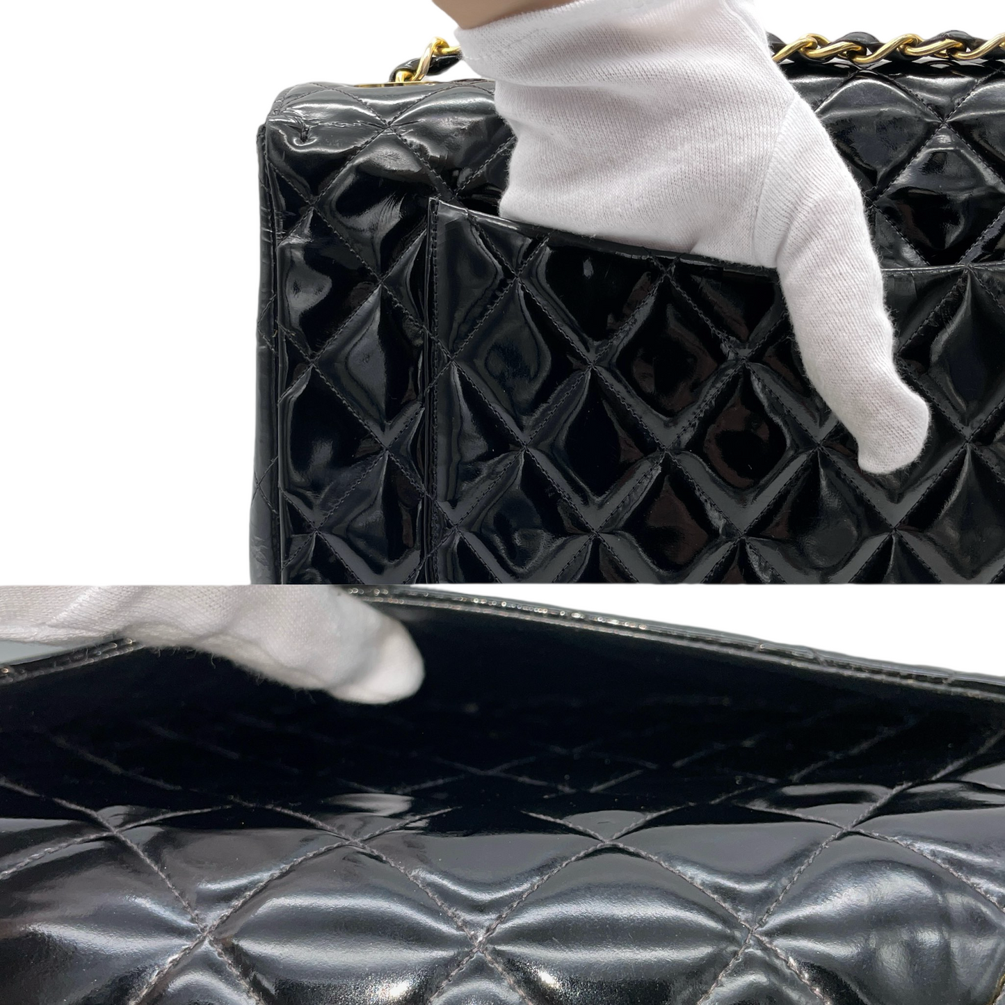 RARE☆☆☆CHANEL Enamel Matelassé Jumbo CC LOGO Double Chain Shoulder Single Flap Bag Black & Gold