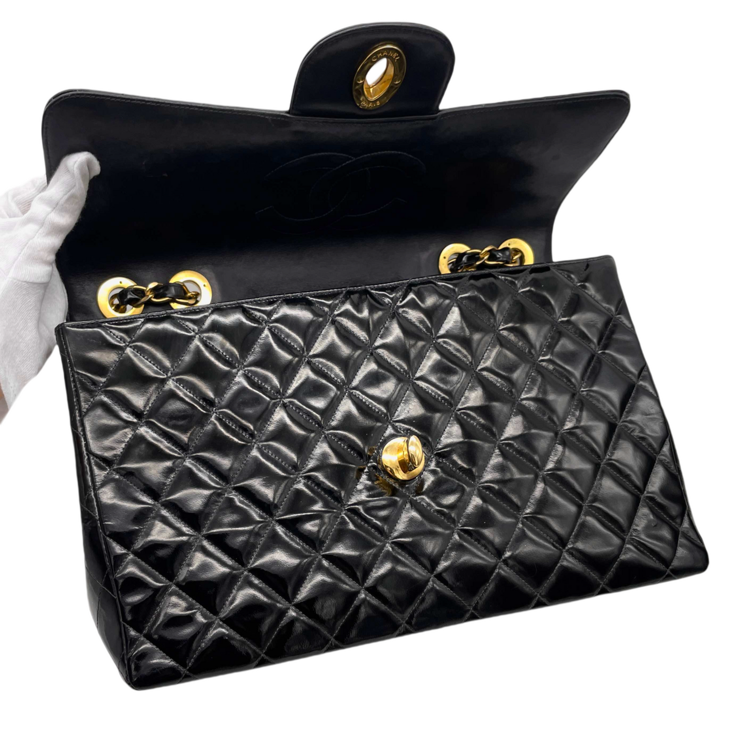 RARE☆☆☆CHANEL Enamel Matelassé Jumbo CC LOGO Double Chain Shoulder Single Flap Bag Black & Gold