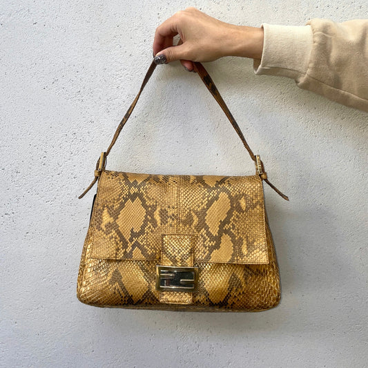 RARE☆☆☆☆FENDI Python Skin Leather Mamma Baguette Shoulder Bag GM Gold & Silver