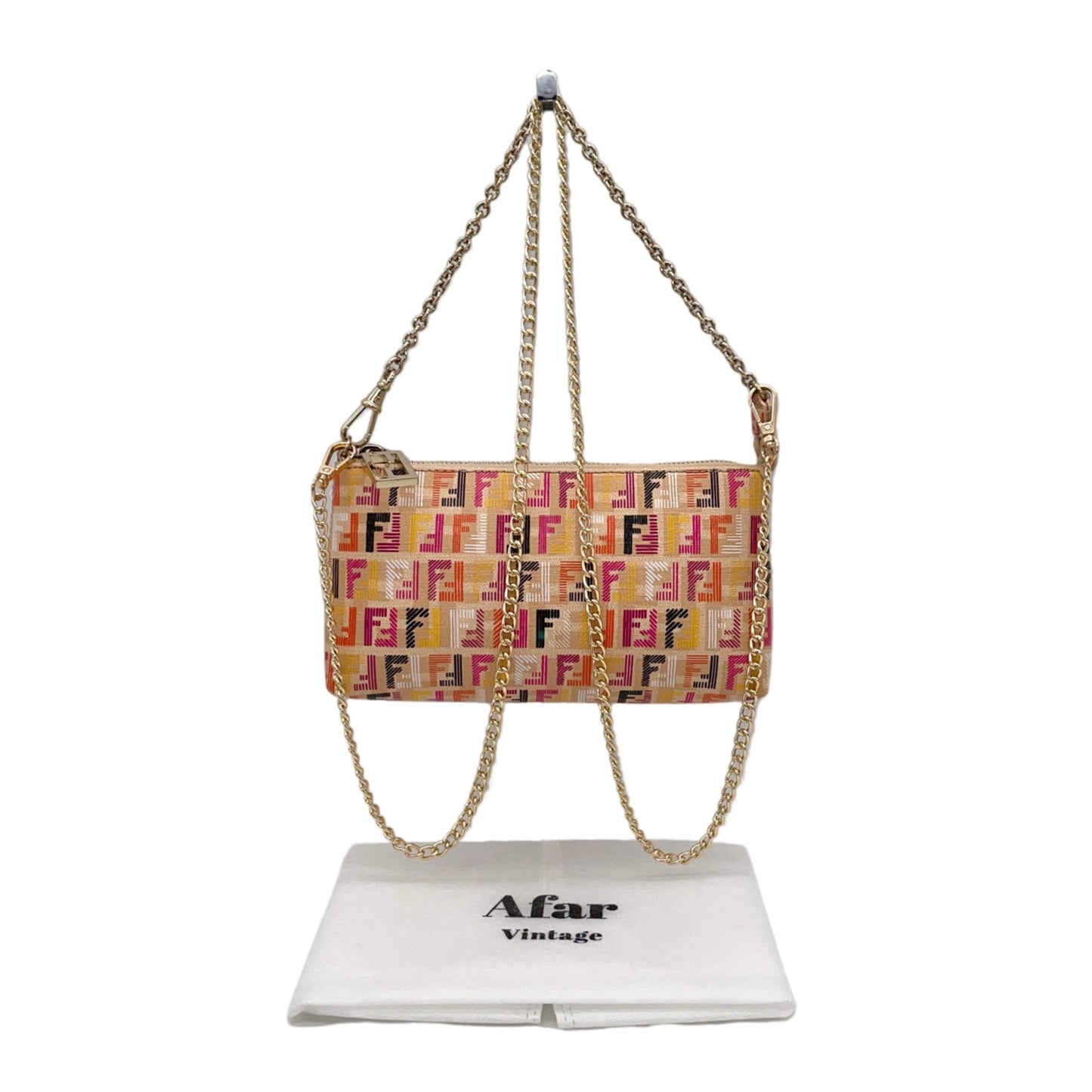 RARE☆☆☆FENDI Multicolor Zucca PVC Chain Handle Accessories Pouch Hand Bag Brown &amp; Muliticolor