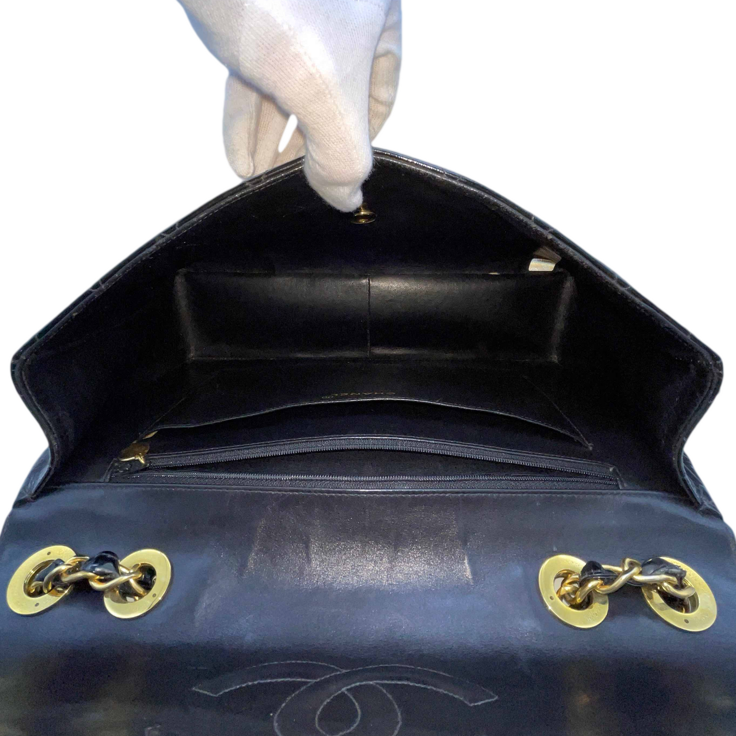 RARE☆☆☆CHANEL Enamel Matelassé Jumbo CC LOGO Double Chain Shoulder Single Flap Bag Black & Gold