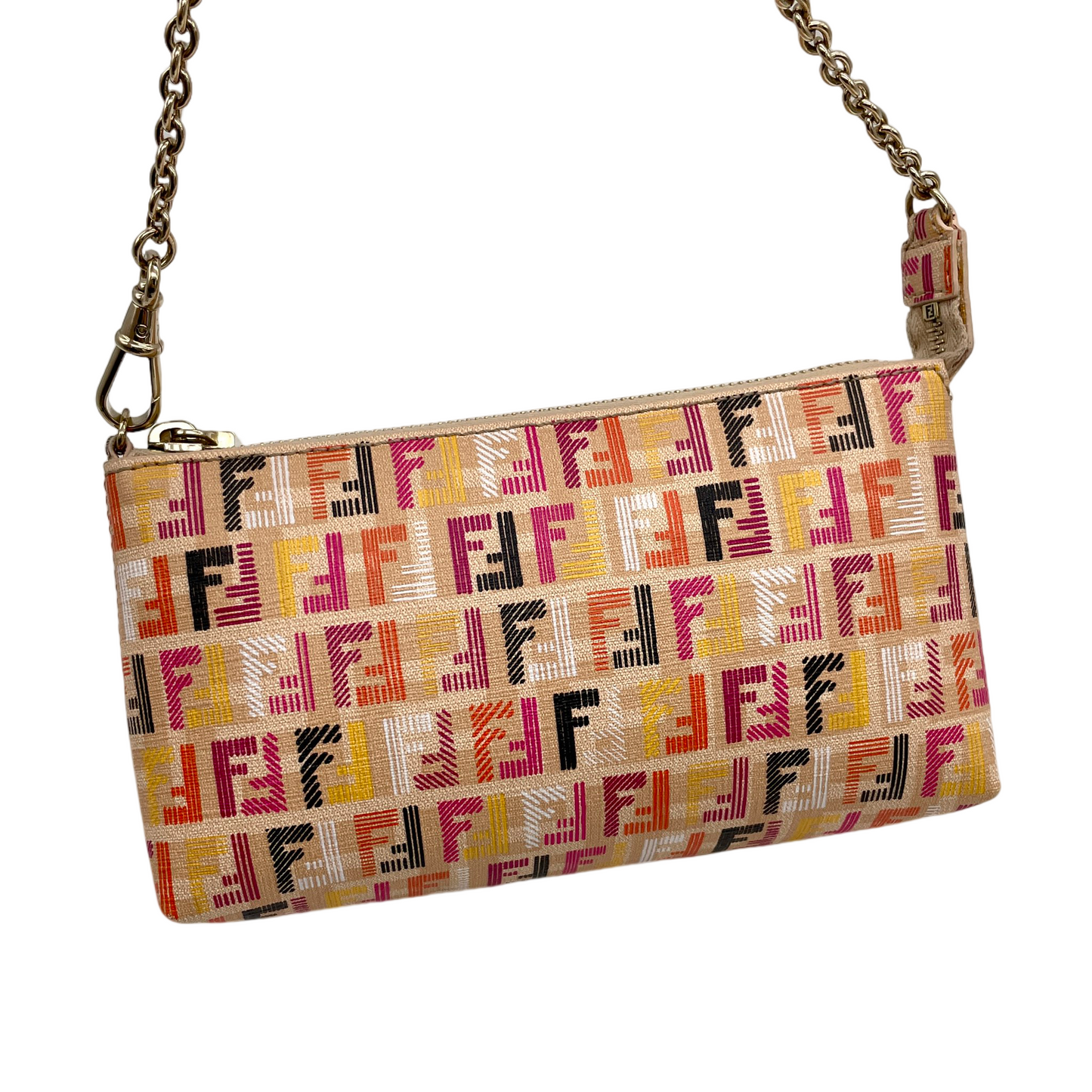 RARE☆☆☆FENDI Multicolor Zucca PVC Chain Handle Accessories Pouch Hand Bag Brown &amp; Muliticolor