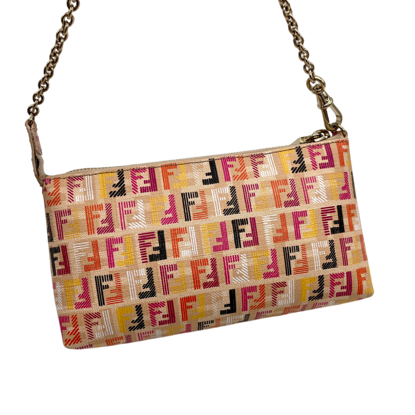 RARE☆☆☆FENDI Multicolor Zucca PVC Chain Handle Accessories Pouch Hand Bag Brown &amp; Muliticolor