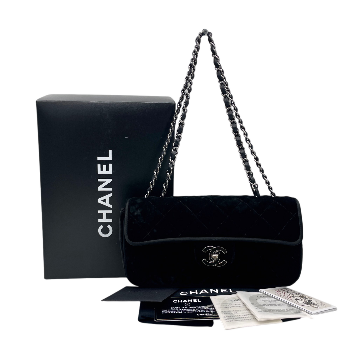 RARE☆☆☆☆CHANEL 2006 Matelassé Velvet CC LOGO Double Chain Single Flap Bag Black & Silver