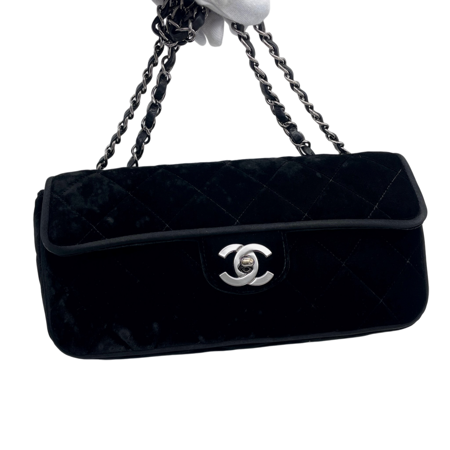 RARE☆☆☆☆CHANEL 2006 Matelassé Velvet CC LOGO Double Chain Single Flap Bag Black & Silver