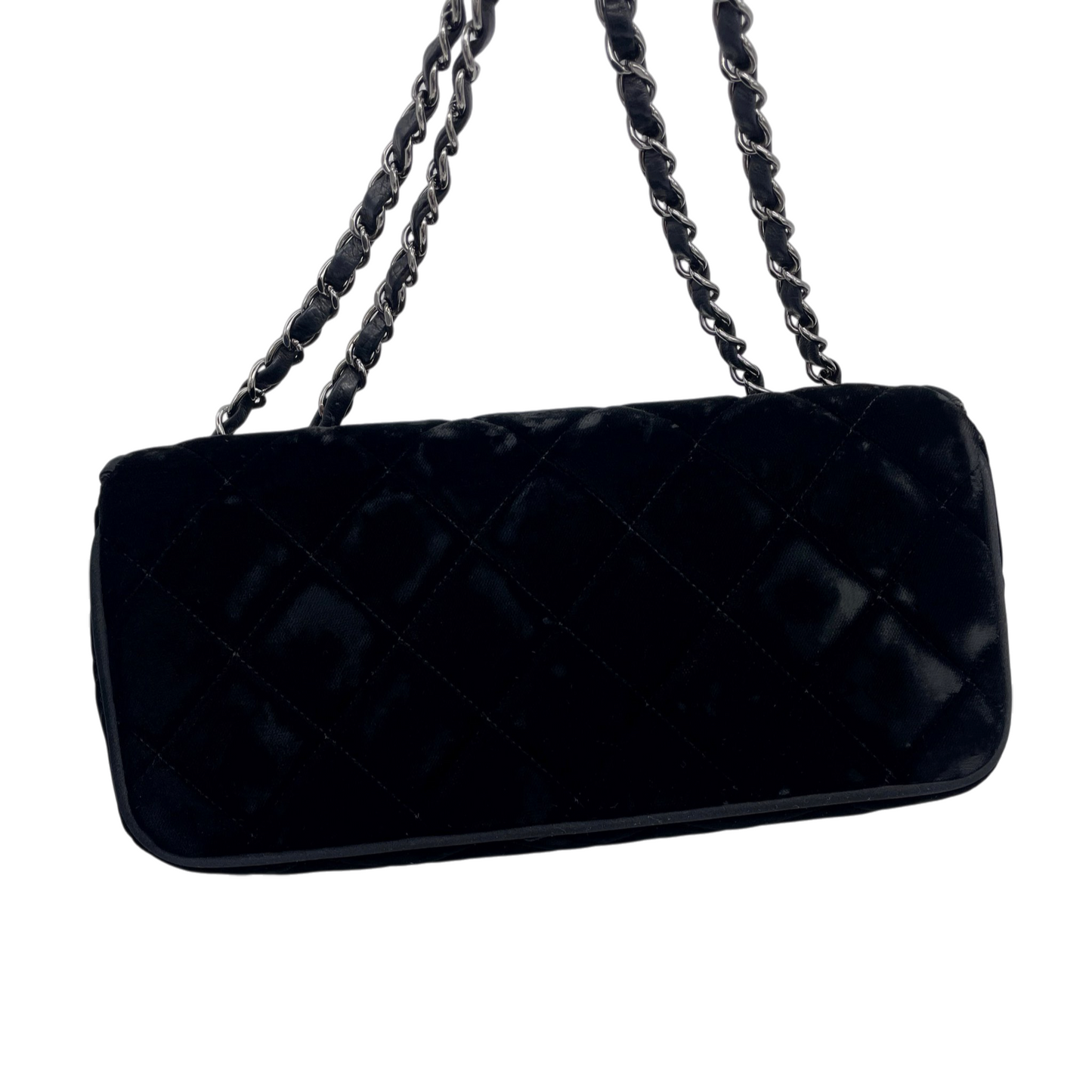 RARE☆☆☆☆CHANEL 2006 Matelassé Velvet CC LOGO Double Chain Single Flap Bag Black & Silver