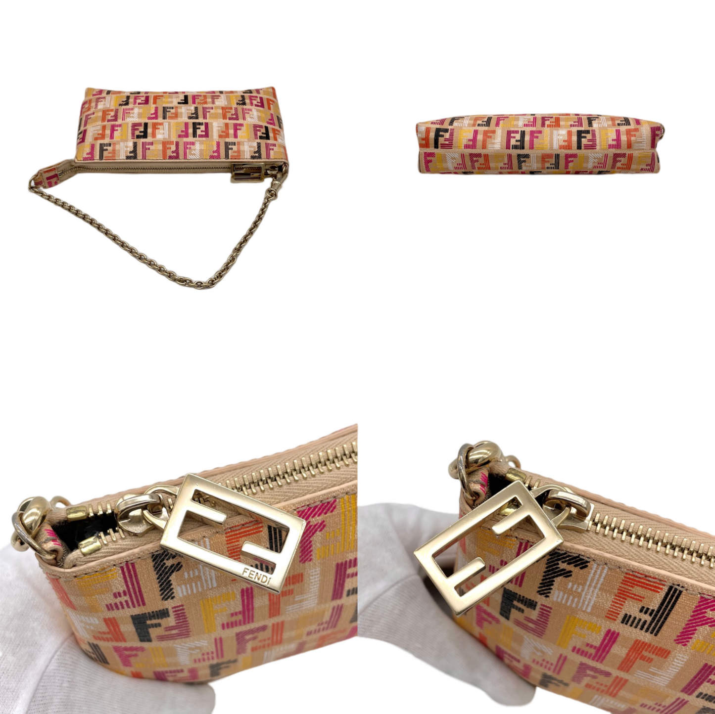 RARE☆☆☆FENDI Multicolor Zucca PVC Chain Handle Accessories Pouch Hand Bag Brown &amp; Muliticolor