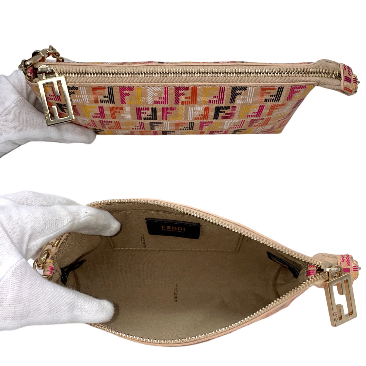 RARE☆☆☆FENDI Multicolor Zucca PVC Chain Handle Accessories Pouch Hand Bag Brown &amp; Muliticolor