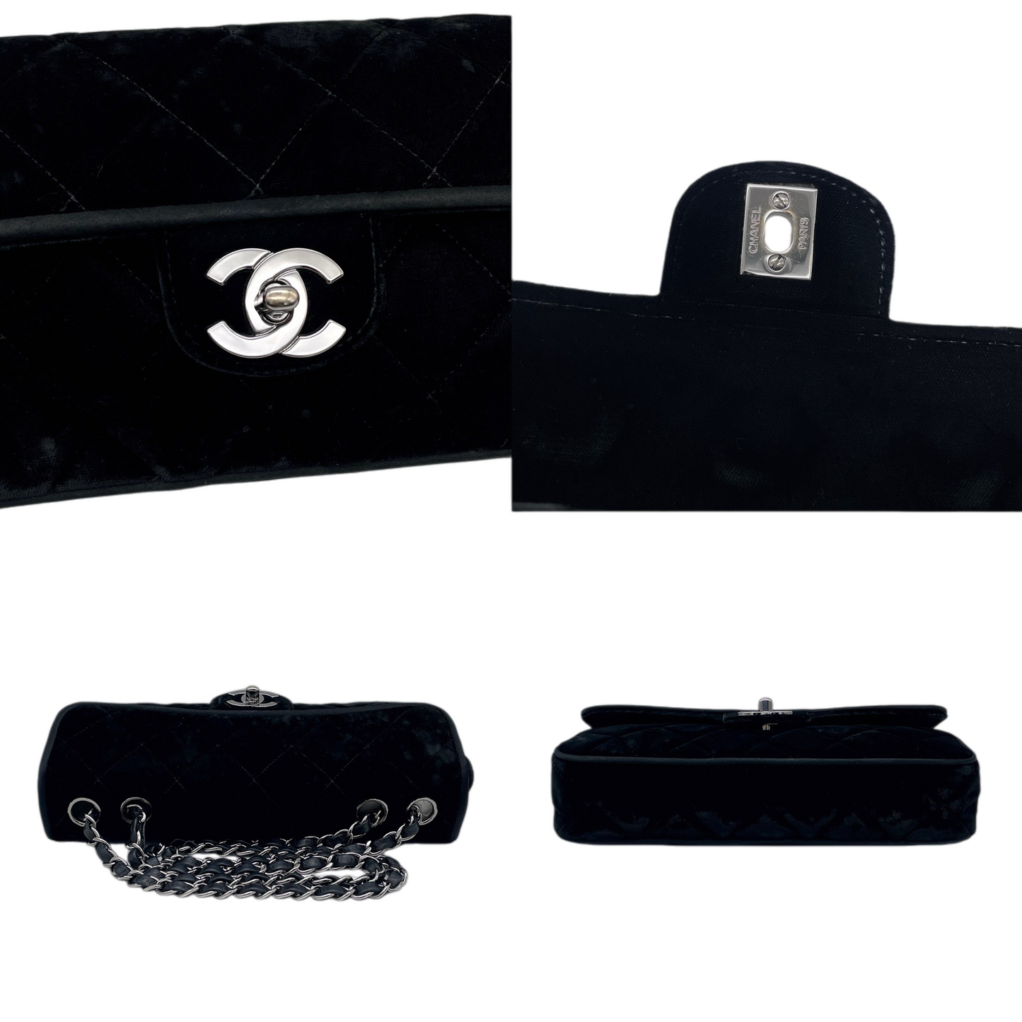 RARE☆☆☆☆CHANEL 2006 Matelassé Velvet CC LOGO Double Chain Single Flap Bag Black & Silver